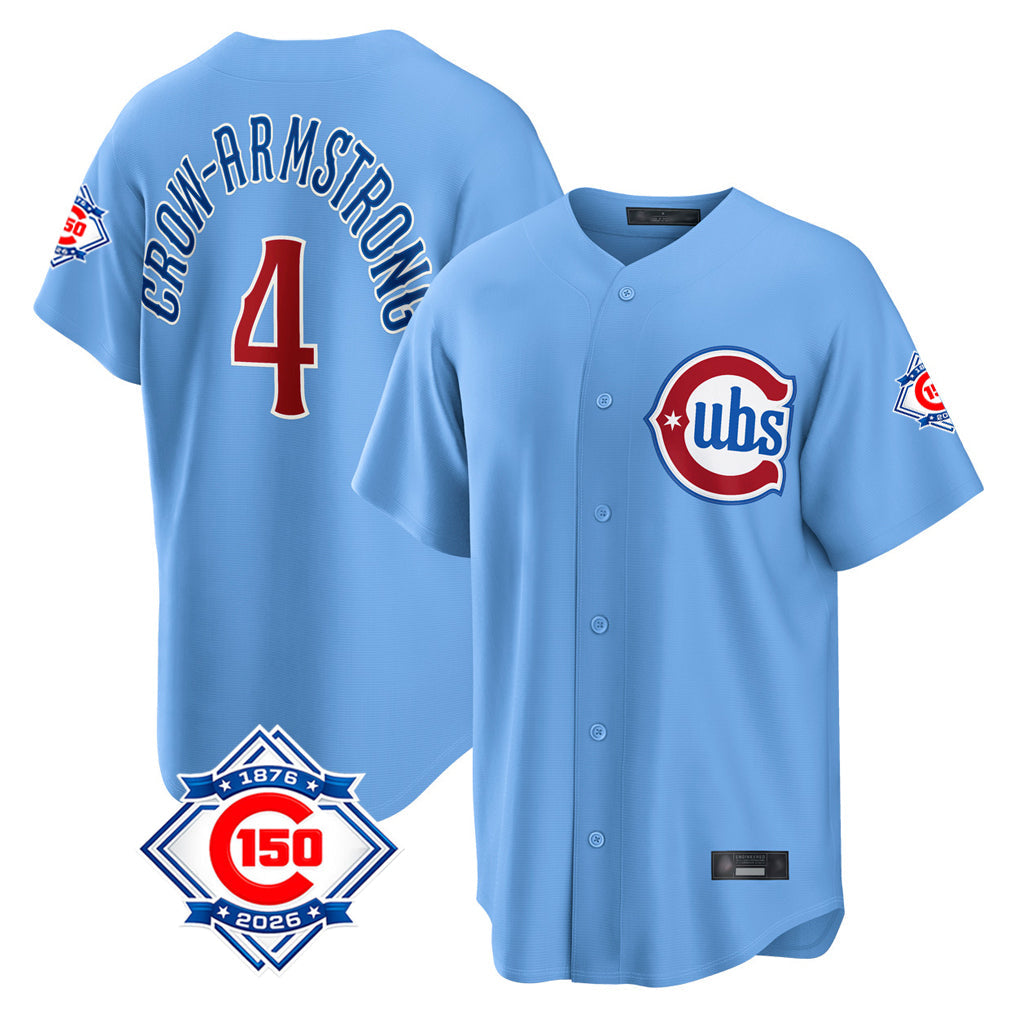 Kdoa C.Cubs #4 Pete Crow-Armstrong Player Light Blue 150th Anniversary Home Game Stitched Jerseys