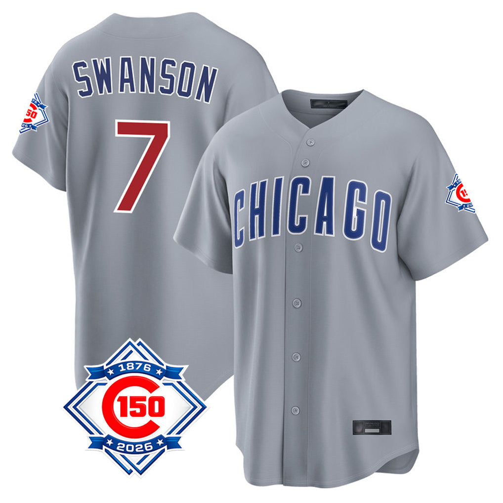 Kdoa C.Cubs #7 Dansby Swanson Player Gray 150th Anniversary Home Game Stitched Jerseys
