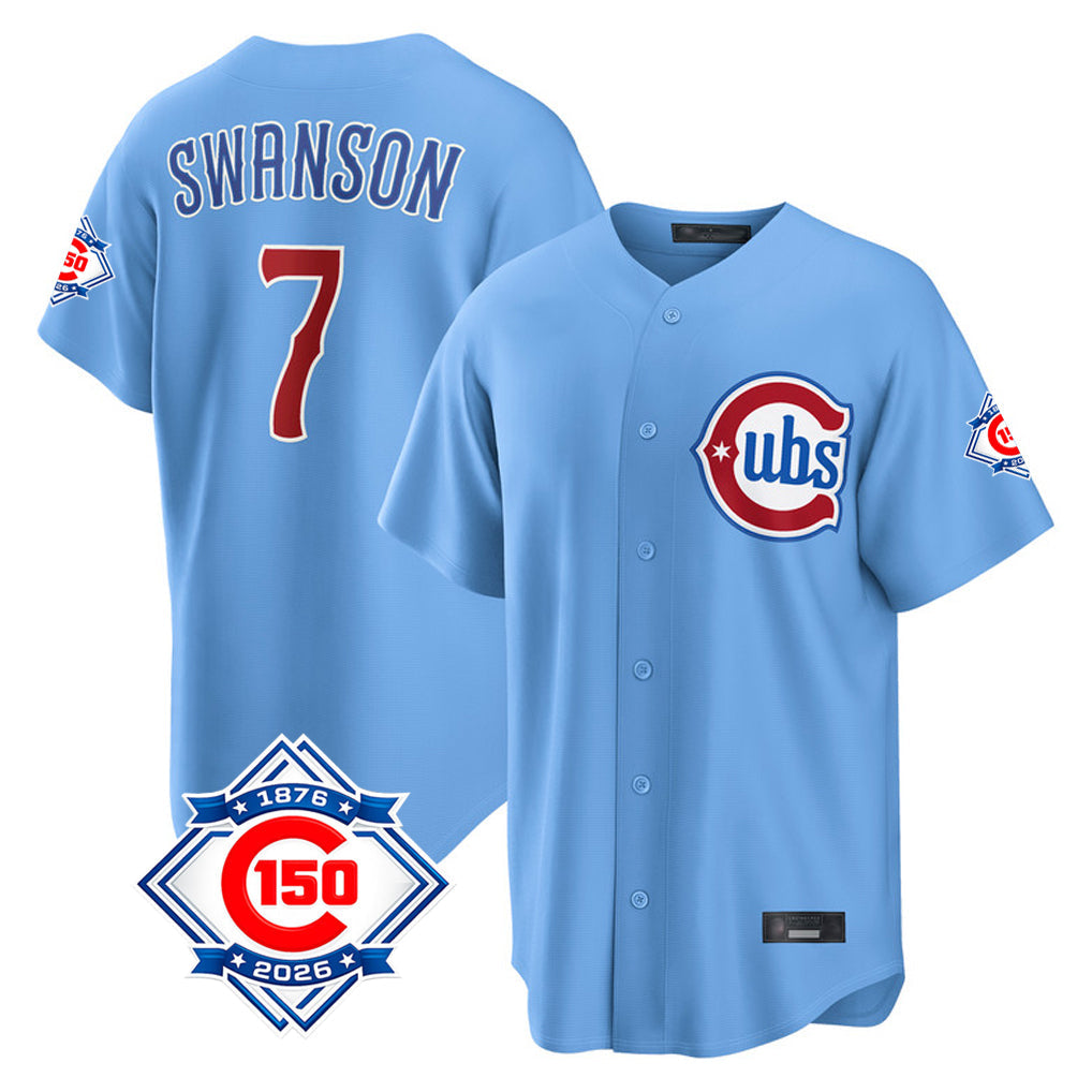 Kdoa C.Cubs #7 Dansby Swanson Player Light Blue 150th Anniversary Home Game Stitched Jerseys