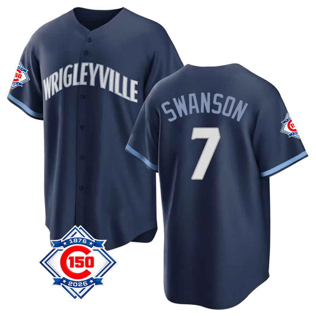 Kdoa C.Cubs #7 Dansby Swanson Player Navy 150th Anniversary City Connect Home Game Stitched Jerseys