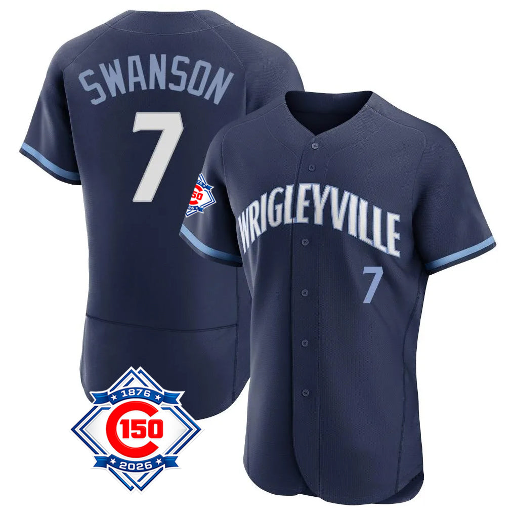 Kdoa C.Cubs #7 Dansby Swanson Player Navy City Connect 150th Anniversary Limited Elite Home Stitched Jerseys
