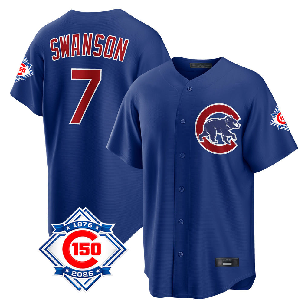 Kdoa C.Cubs #7 Dansby Swanson Player Royal 150th Anniversary Home Game Stitched Jerseys