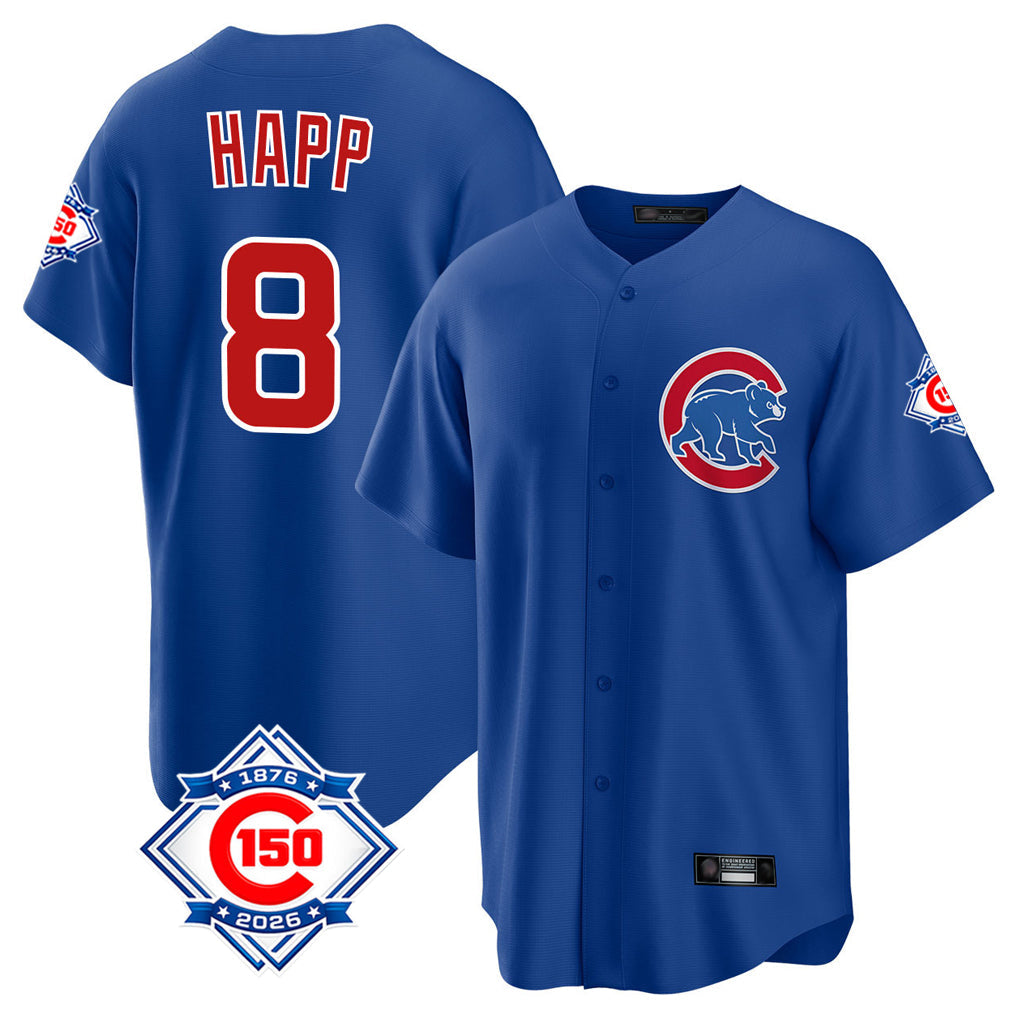 Kdoa C.Cubs #8 Ian Happ Player Royal 150th Anniversary Home Game Stitched Jerseys