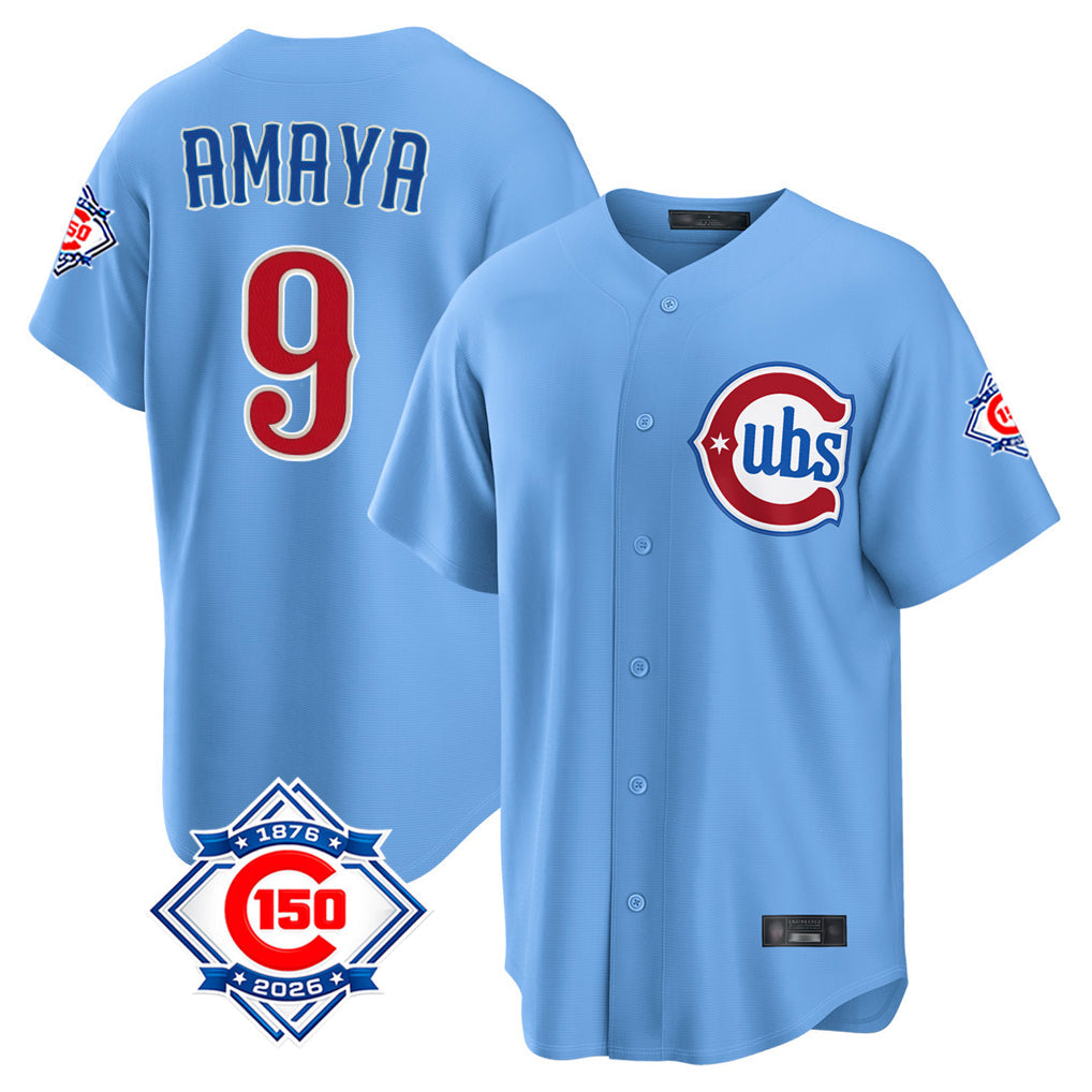 Kdoa C.Cubs #9 Miguel Amaya Player Light Blue 150th Anniversary Home Game Stitched Jerseys