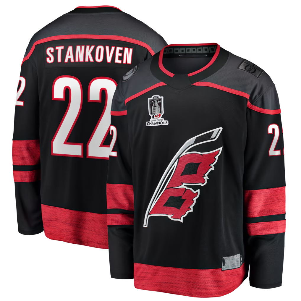 Kdoa C.Hurricanes #22 Logan Stankoven Black 2026 Stanley Cup Champions Home Breakaway Stitched Jerseys