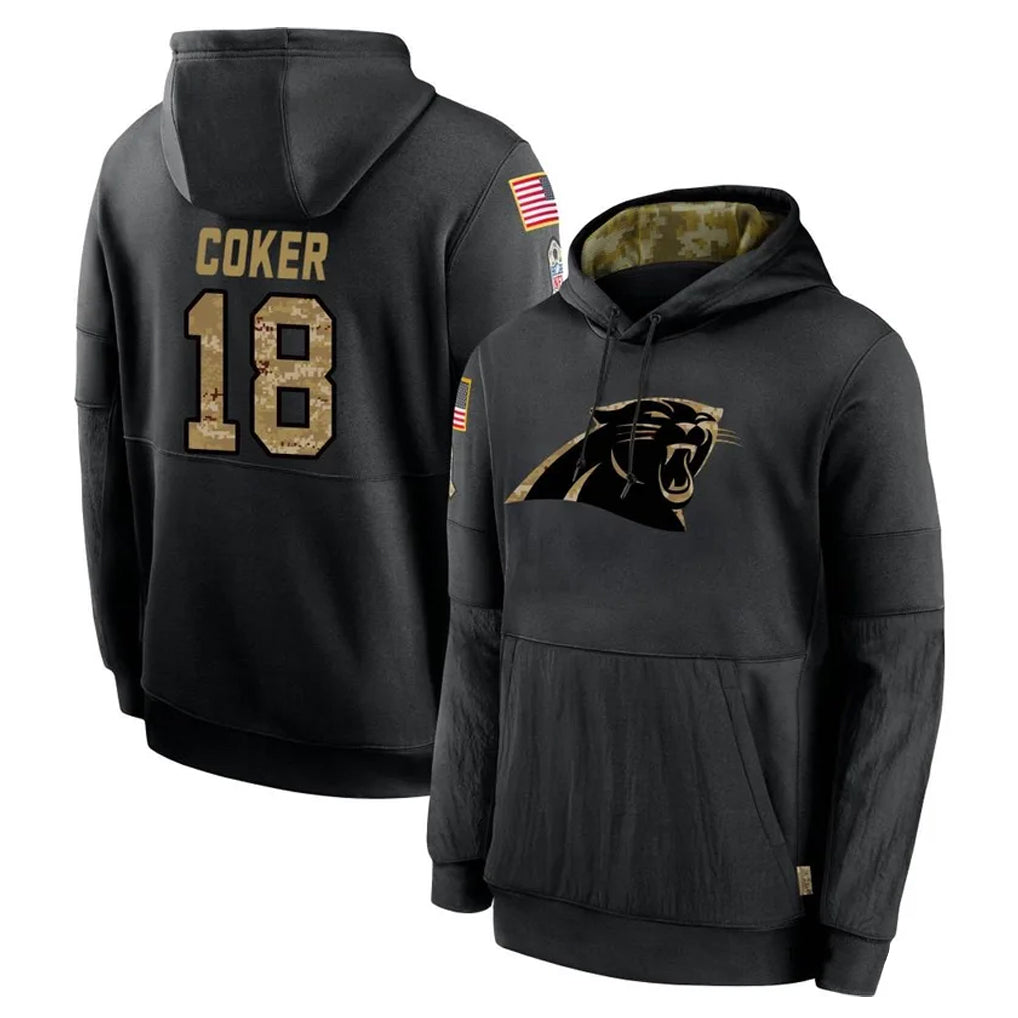 Kdoa C.Panthers #18 Jalen Coker Player Black Salute to Service Pullover Hoodies Limited Game Stitched Jerseys