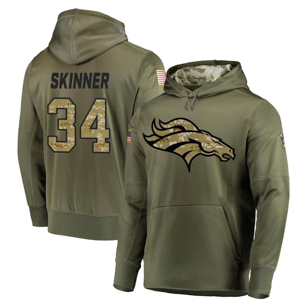 Kdoa D.Broncos #34 JL Skinner Player Olive Salute to Service Pullover Hoodies Home Game Stitched Jerseys