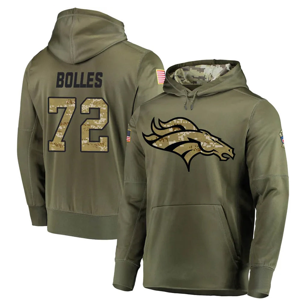 Kdoa D.Broncos #72 Garett Bolles Player Olive Salute to Service Pullover Hoodies Home Game Stitched Jerseys
