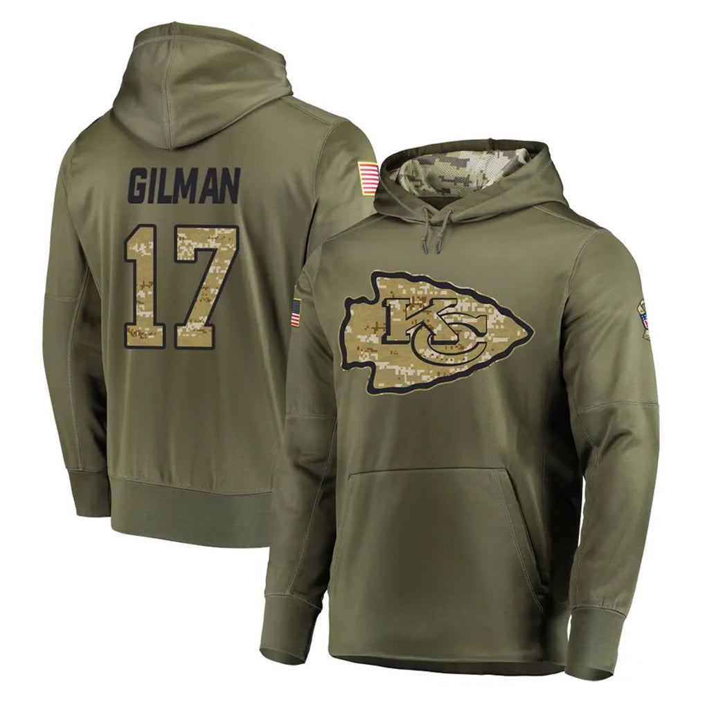 Kdoa KC.Chiefs #17 Alohi Gilman Player Olive Salute to Service Pullover Hoodies Home Game Stitched Jerseys