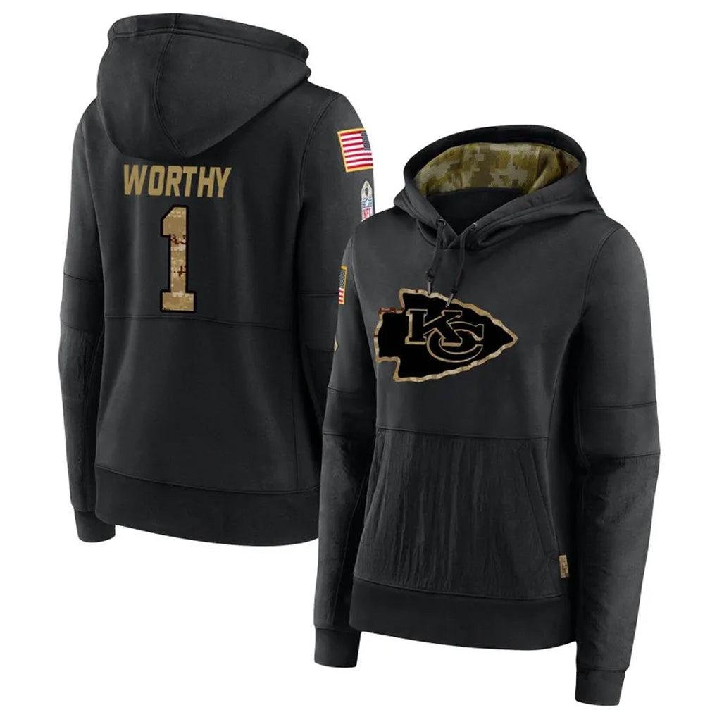 Kdoa KC.Chiefs #1 Xavier Worthy Player Black Salute to Service Hoodies Stitched Jerseys