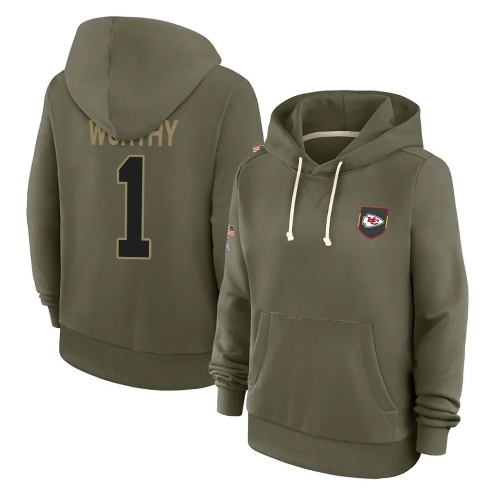 Kdoa KC.Chiefs #1 Xavier Worthy Player Olive Salute to Service Hoodies Stitched Jerseys