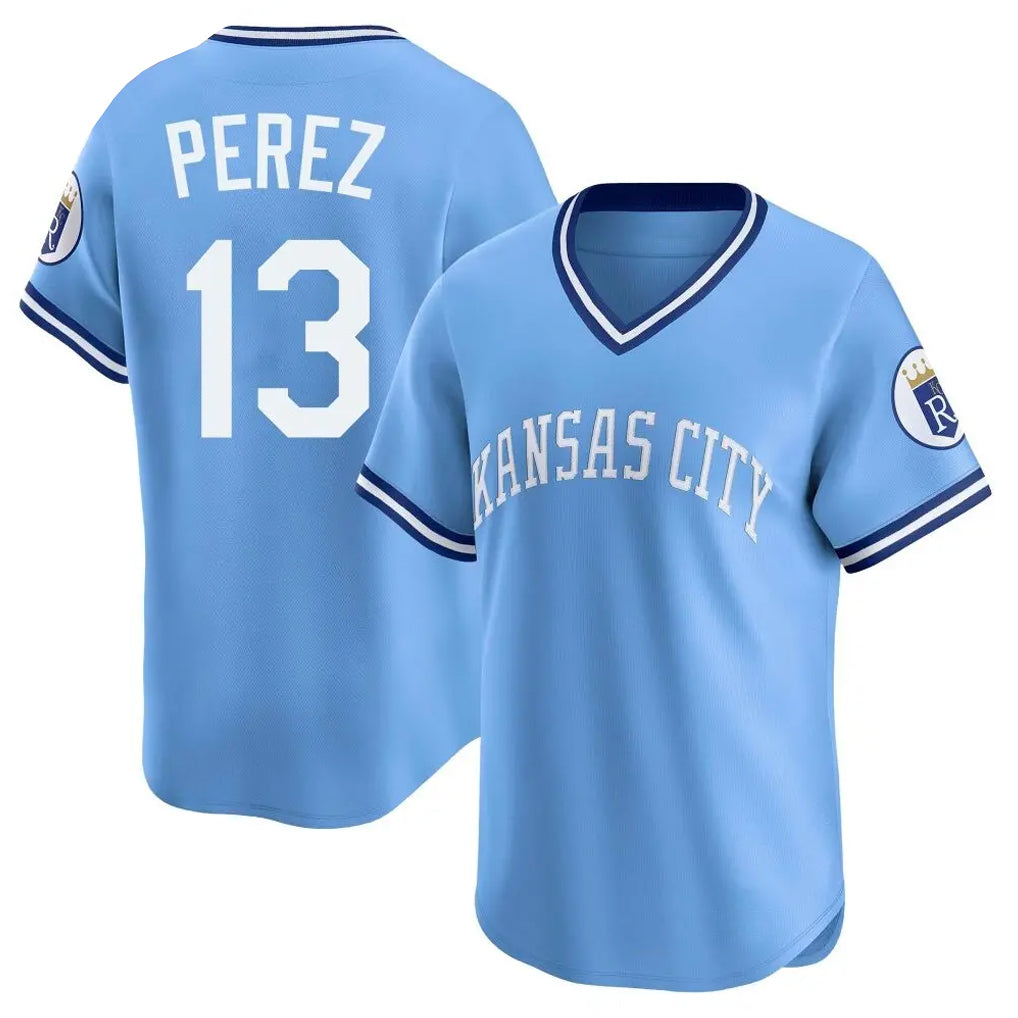 Kdoa KC.Royals #13 Salvador Perez Player Light Blue Limited Throwback Cooperstown Collection T-shirt Stitched Jerseys