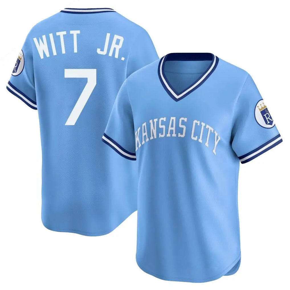 Kdoa KC.Royals #7 Bobby Witt Jr. Player Light Blue Limited Throwback Cooperstown Collection T-shirt Stitched Jerseys