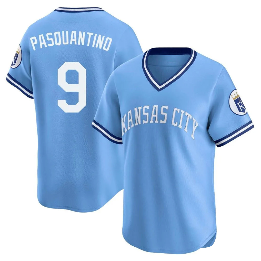 Kdoa KC.Royals #9 Vinnie Pasquantino Player Light Blue Limited Throwback Cooperstown Collection T-shirt Stitched Jerseys