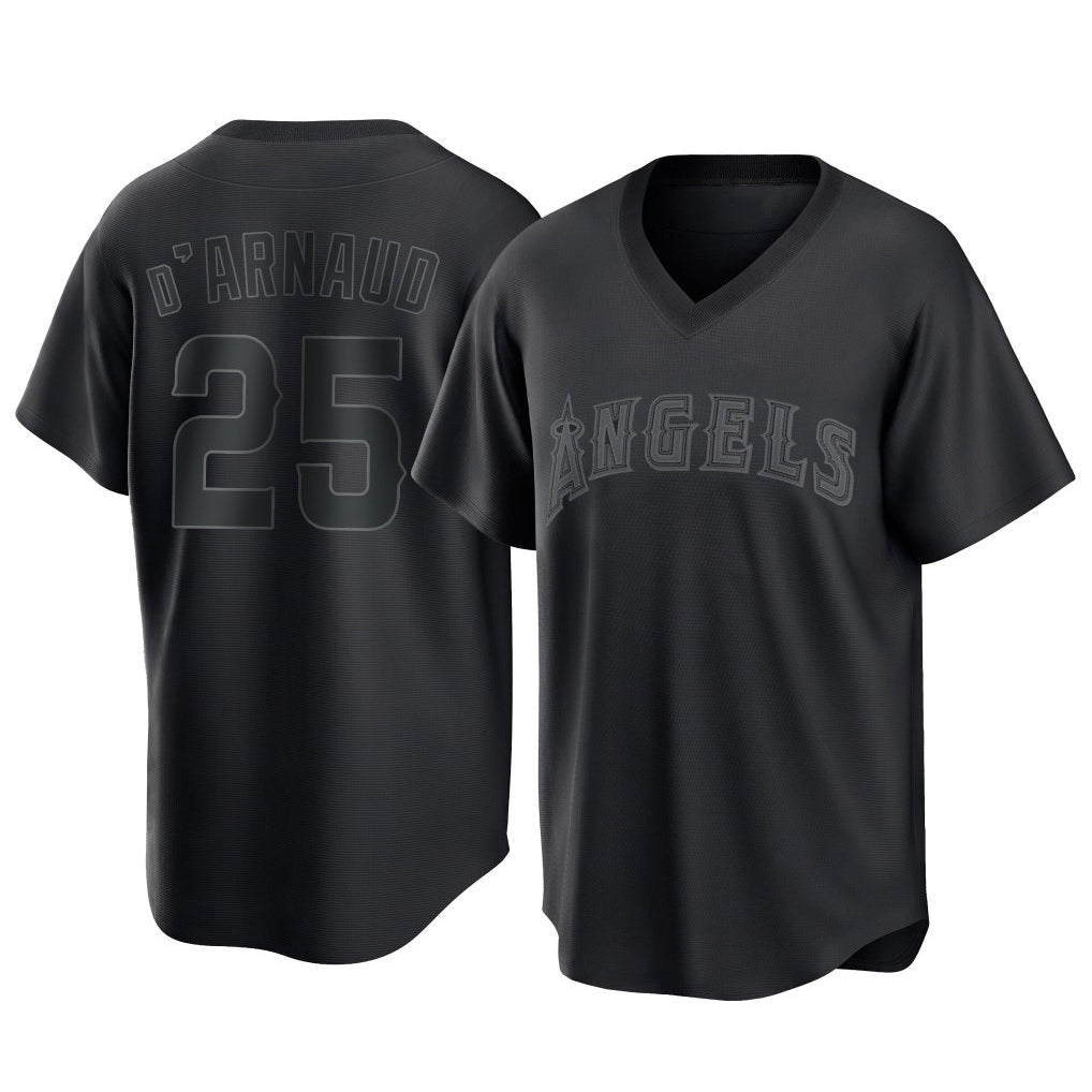 Kdoa LA.Angels #25 Travis d'Arnaud Player Black Pitch Fashion T-shirt Stitched Jerseys