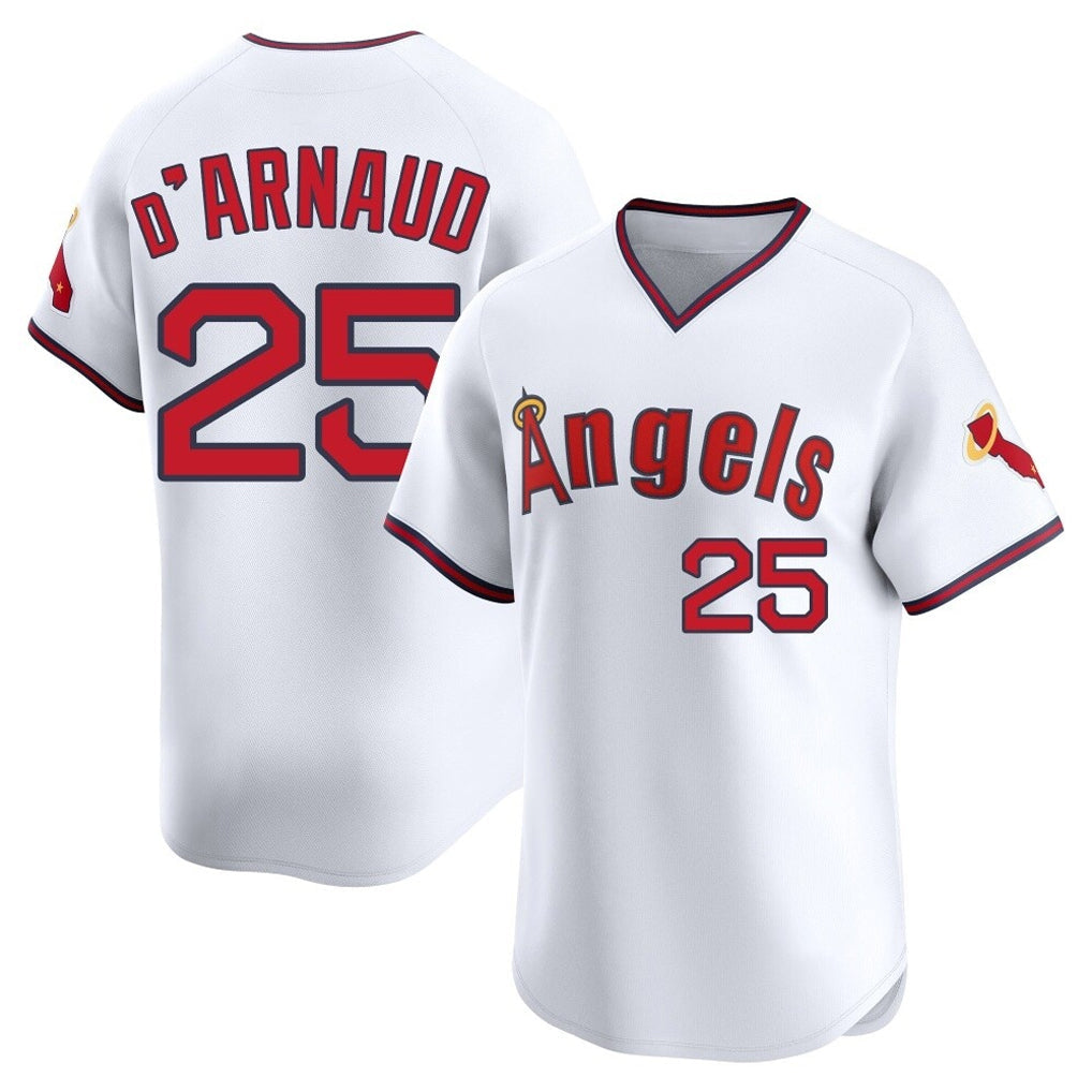 Kdoa LA.Angels #25 Travis d'Arnaud Player White T-shirt Home Limited Stitched Jerseys