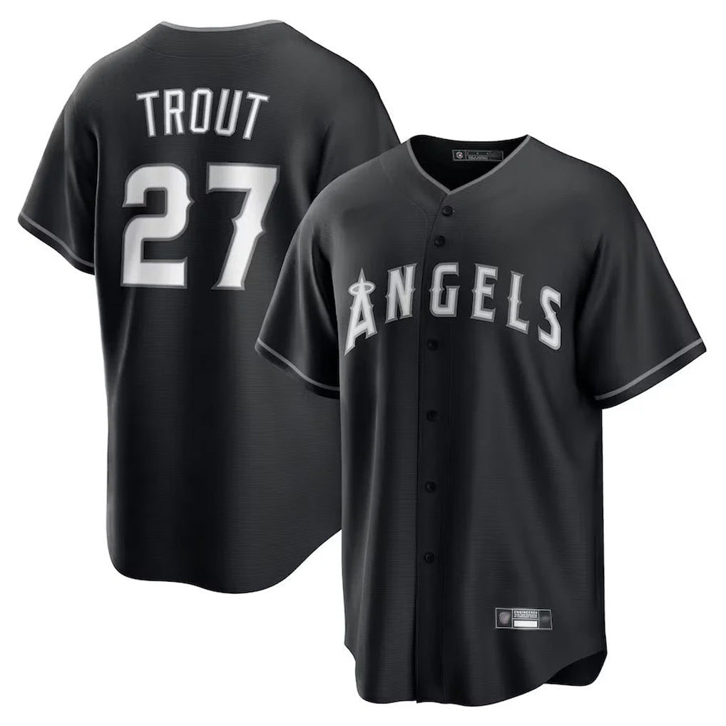 Kdoa LA.Angels #27 Mike Trout Player Black Lights Out Fashion T-shirt Stitched Jerseys