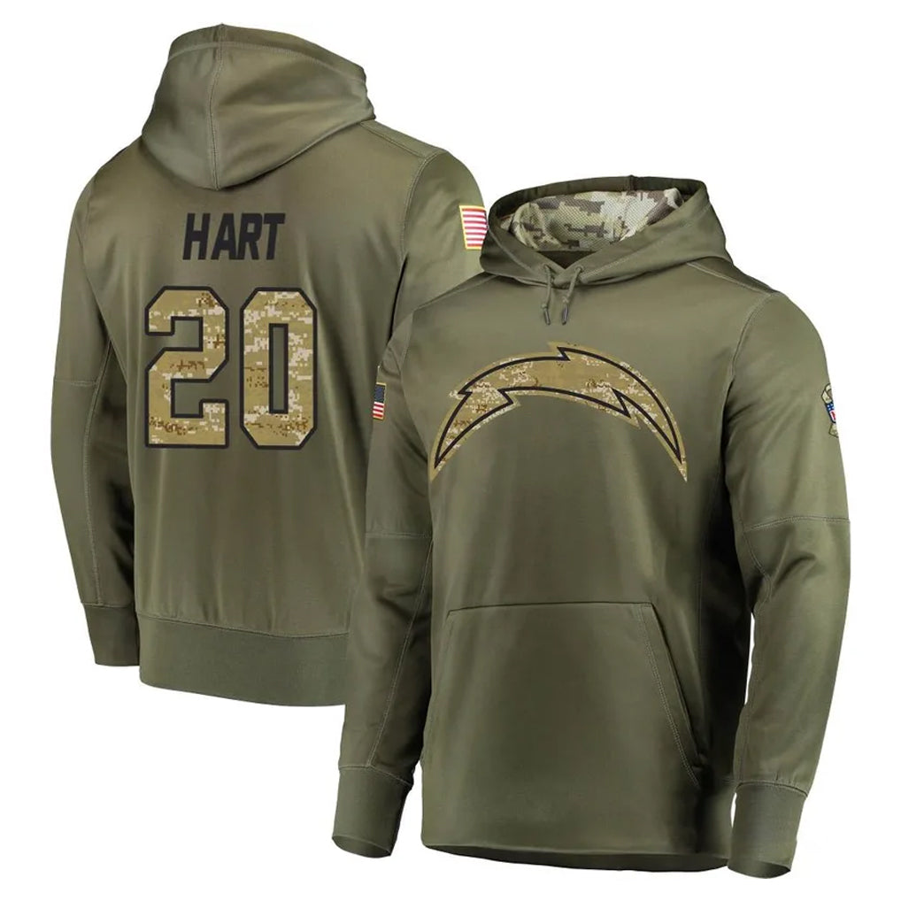 Kdoa LA.Chargers #20 Cam Hart Player Olive Salute to Service Pullover Hoodies Home Game Stitched Jerseys