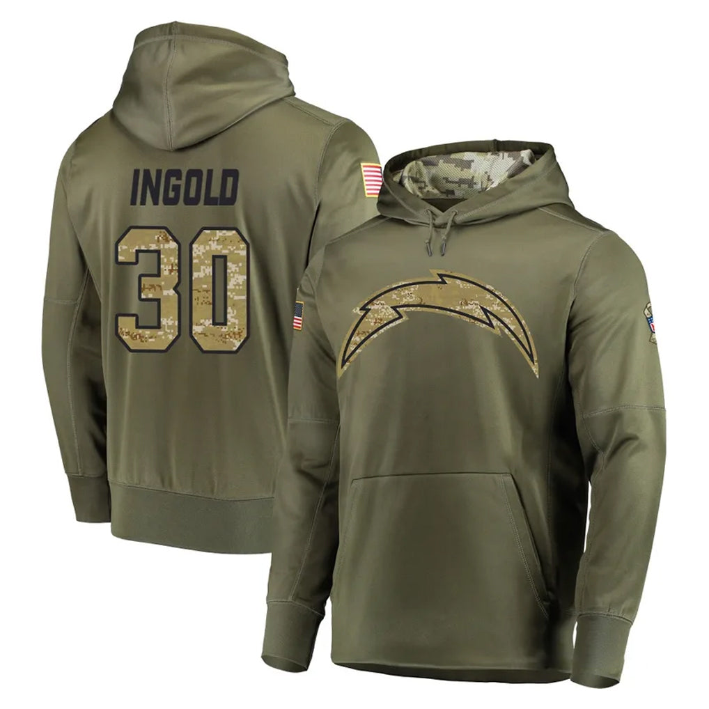 Kdoa LA.Chargers #30 Alec Ingold Player Olive Salute to Service Pullover Hoodies Home Game Stitched Jerseys