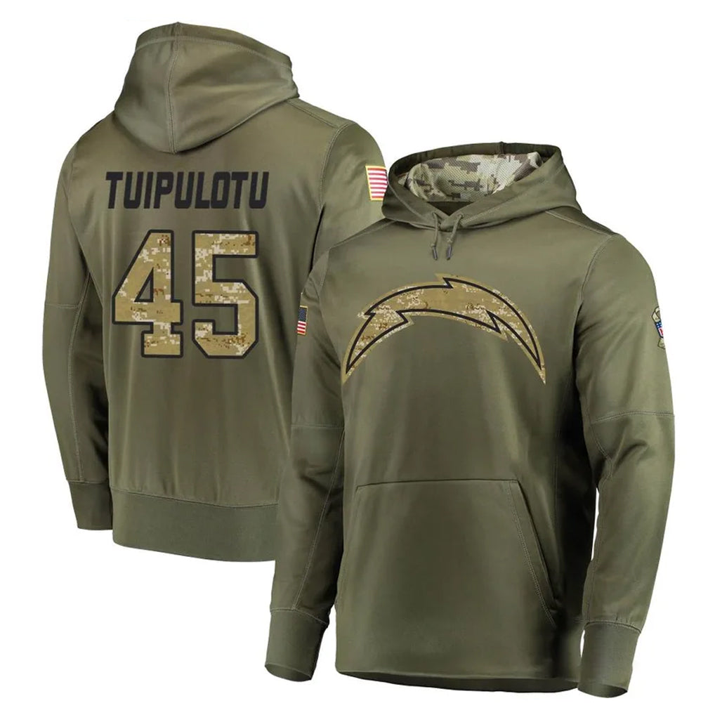 Kdoa LA.Chargers #45 Tuli Tuipulotu Player Olive Salute to Service Pullover Hoodies Home Game Stitched Jerseys