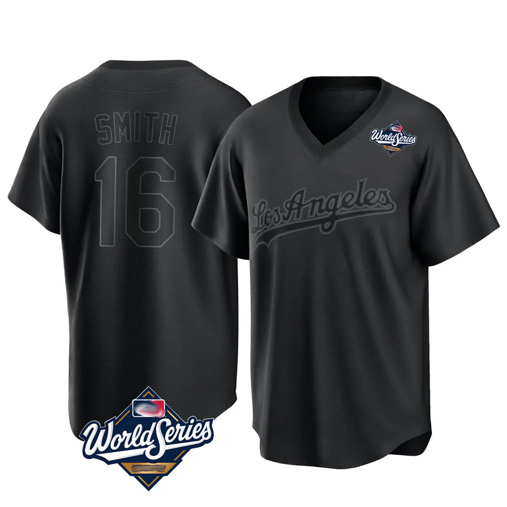 Kdoa LA.Dodgers #16 Will Smith Player Black World Series Pitch Fashion T-shirt Stitched Jerseys