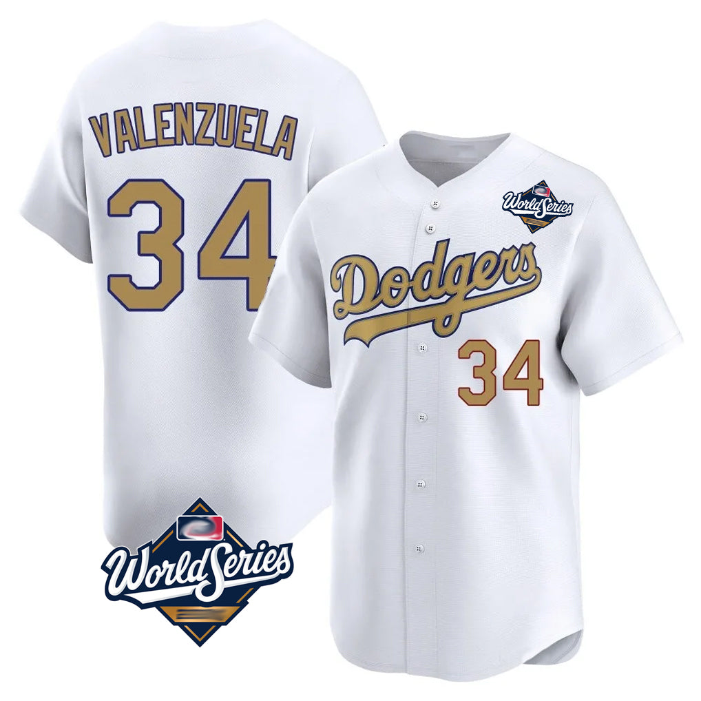Kdoa LA.Dodgers #34 Fernando Valenzuela Player Gold World Series Collection Limited Home Stitched Jerseys