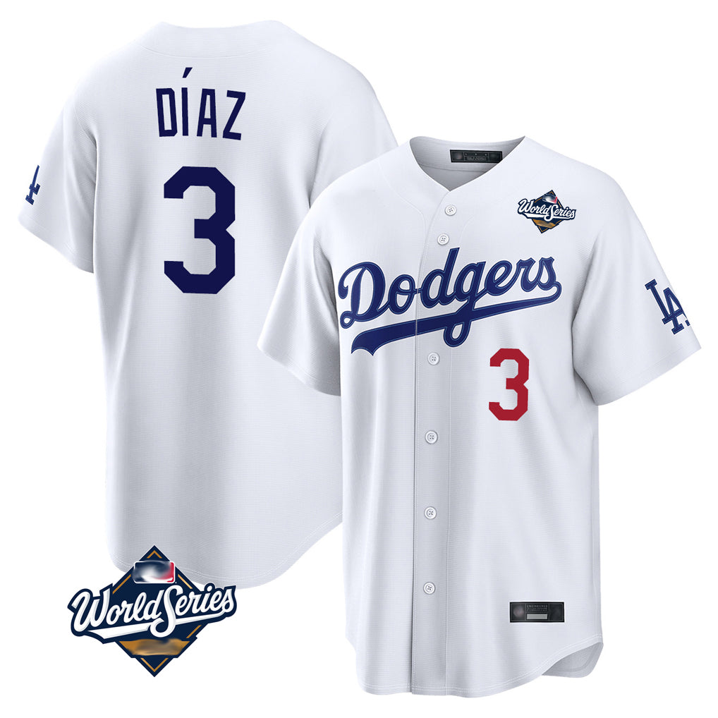 Kdoa LA.Dodgers #3 Edwin D¡§aaz Player White World Series Home Game Stitched Jerseys