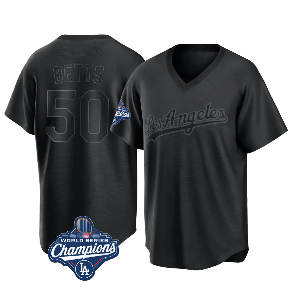 Kdoa LA.Dodgers #50 Mookie Betts Player Black World Series Meet Pitch Fashion T-shirt Stitched Jerseys