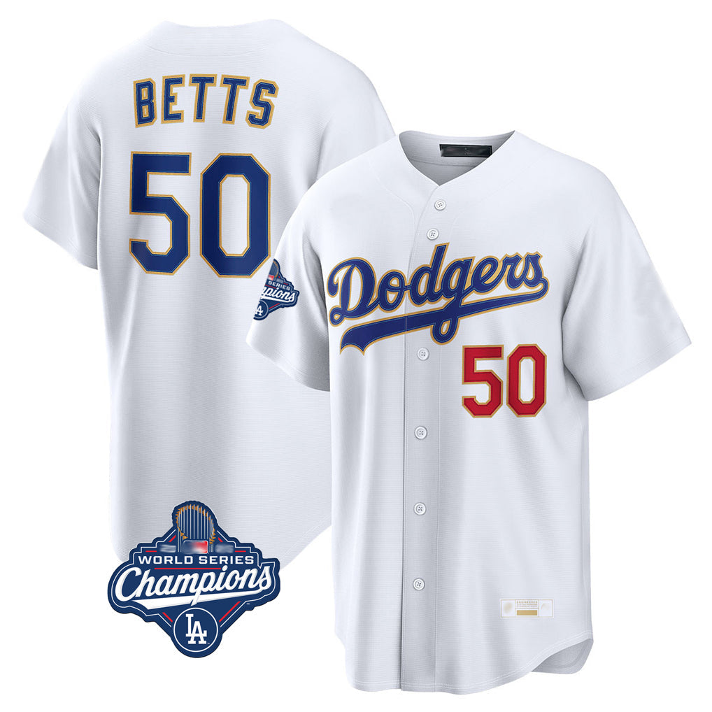 Kdoa LA.Dodgers #50 Mookie Betts Player Gold White World Series Meet Collection Limited Home Stitched Jerseys