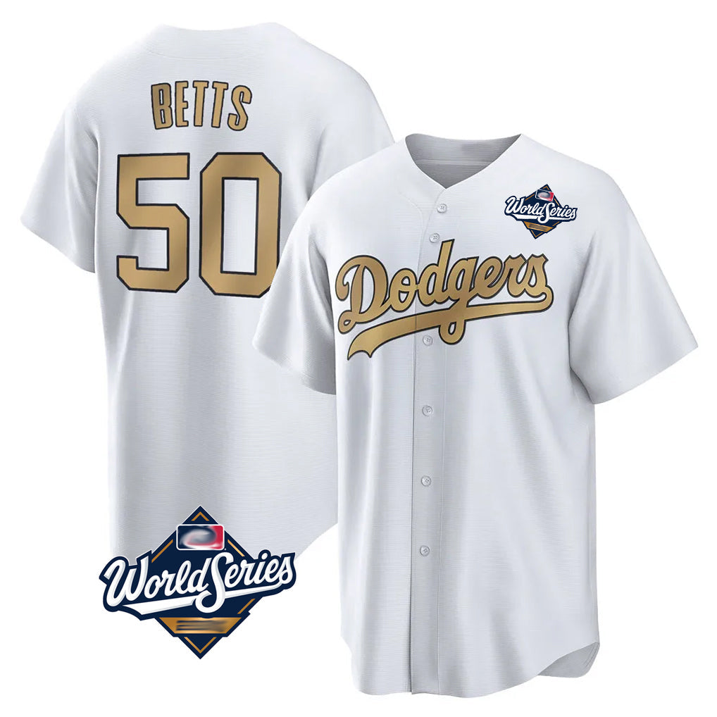 Kdoa LA.Dodgers #50 Mookie Betts Player Gold World Series Collection Limited Home Stitched Jerseys