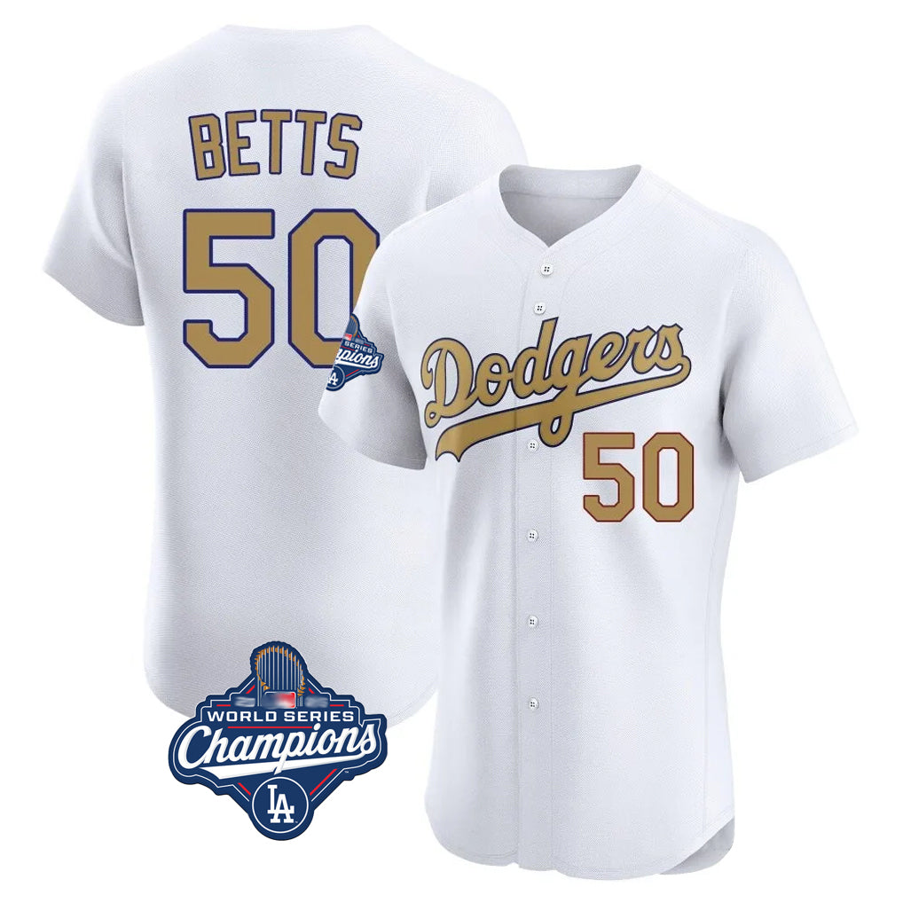 Kdoa LA.Dodgers #50 Mookie Betts Player Gold World Series Meet Limited Elite Home Stitched Jerseys