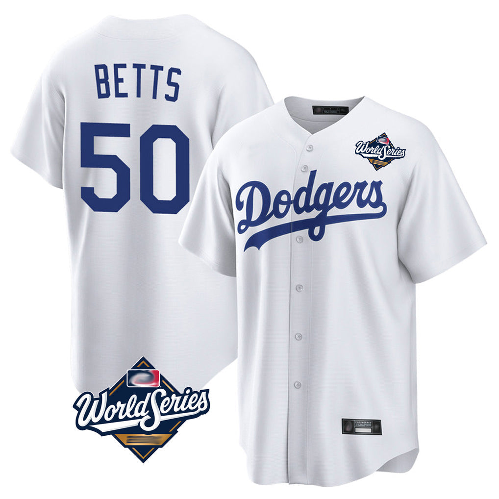 Kdoa LA.Dodgers #50 Mookie Betts Player White World Series Game Home Stitched Jerseys