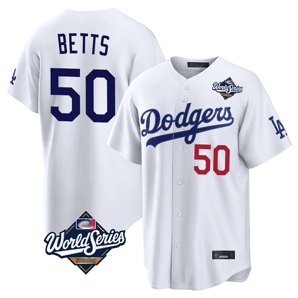 Kdoa LA.Dodgers #50 Mookie Betts Player White World Series Home Game Stitched Jerseys
