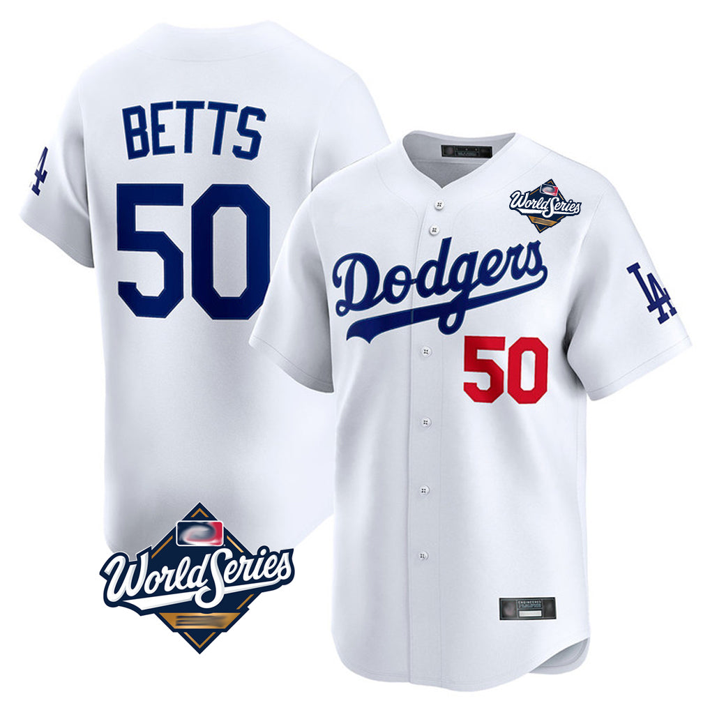 Kdoa LA.Dodgers #50 Mookie Betts Player White World Series Limited Home Stitched Jerseys