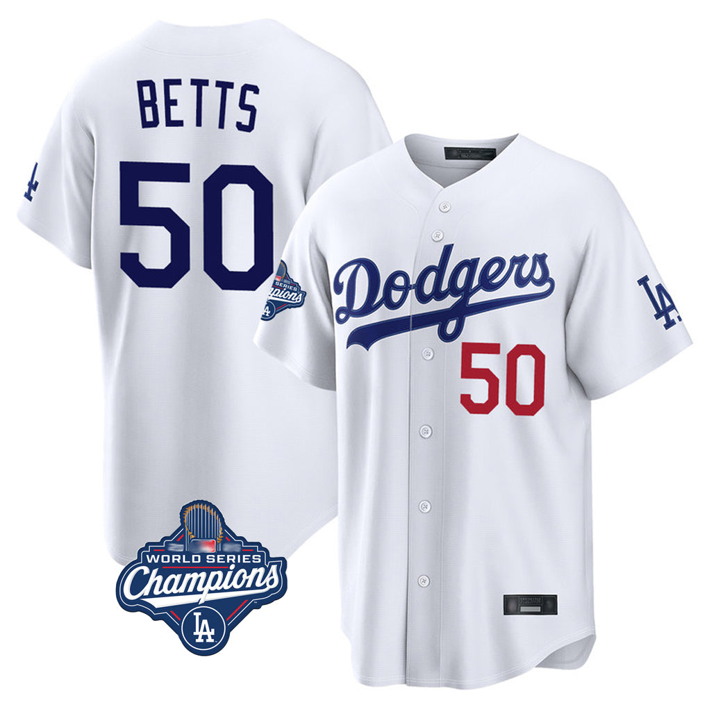 Kdoa LA.Dodgers #50 Mookie Betts Player White World Series Meet Home Game Stitched Jerseys