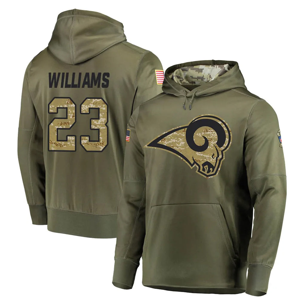 Kdoa LA.Rams #23 Kyren Williams Player Olive Salute to Service Pullover Hoodies Home Game Stitched Jerseys