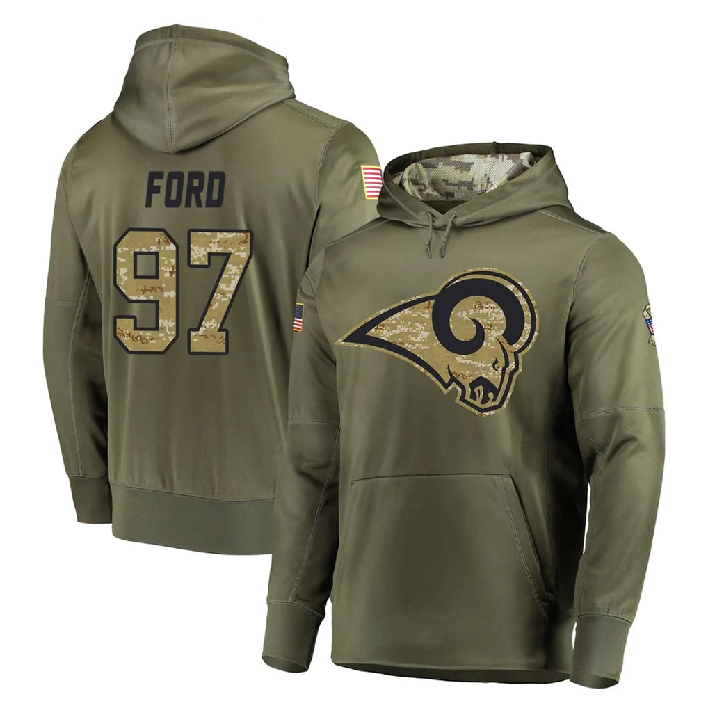 Kdoa LA.Rams #97 Poona Ford Player Olive Salute to Service Pullover Hoodies Home Game Stitched Jerseys