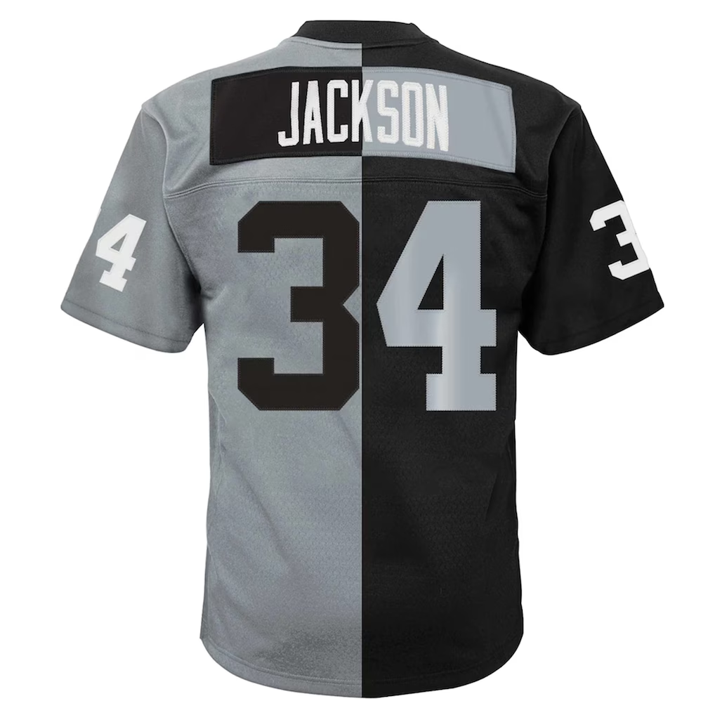 Kdoa LV.Raiders #34  Bo Jackson Mitchell & Ness BlackSilver Big & Tall Split Legacy Retired Player Replica Jersey