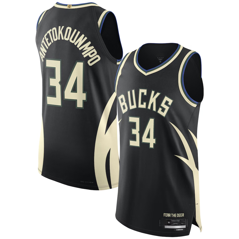 Kdoa M.Bucks #34 Giannis Antetokounmpo Black Authentic Player Jerseys - Statement Edition