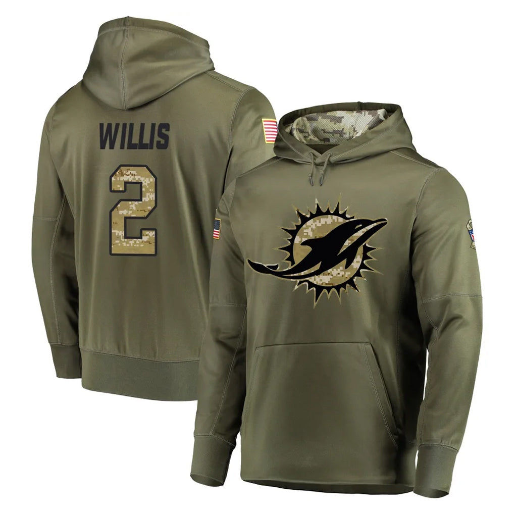 Kdoa M.Dolphins #2 Malik Willis Player Olive Salute to Service Pullover Hoodies Home Game Stitched Jerseys