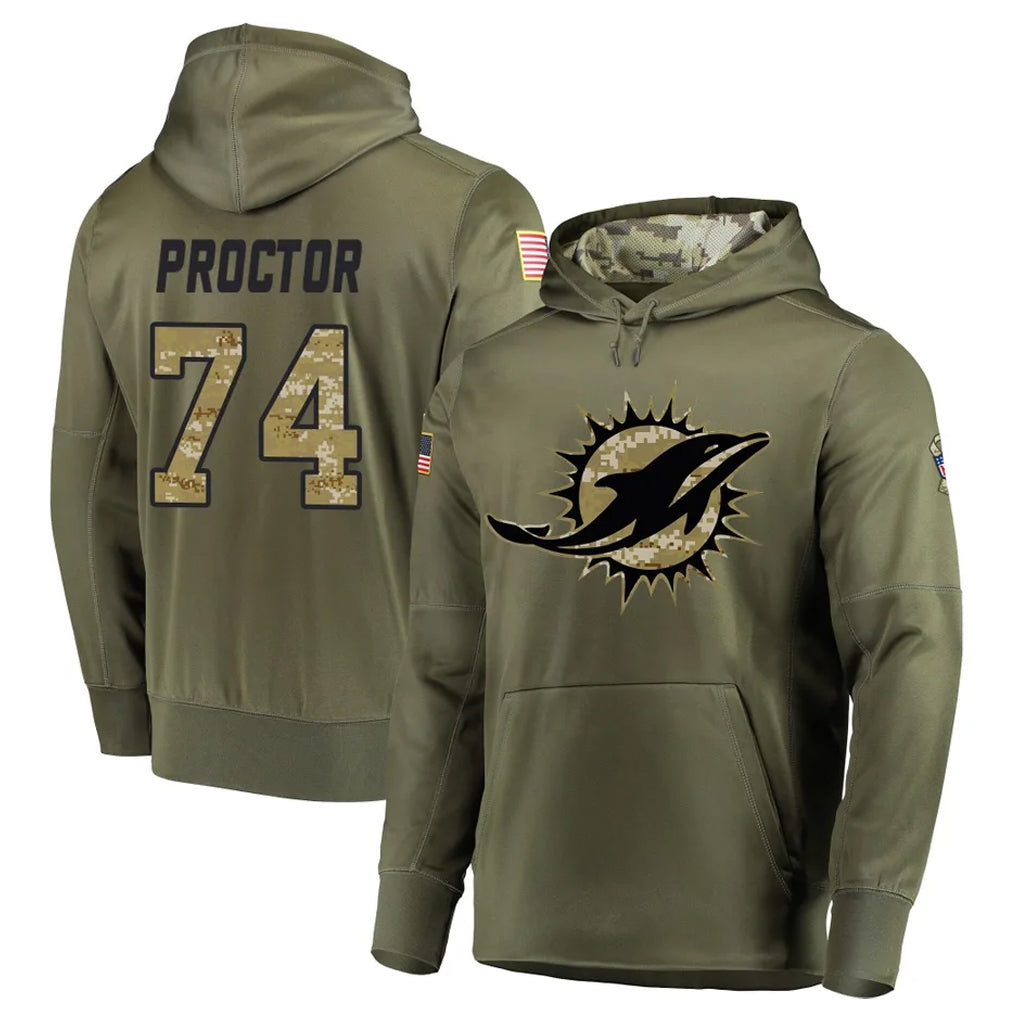 Kdoa M.Dolphins #74 Kadyn Proctor Player Olive Salute to Service Pullover Hoodies Home Game Stitched Jerseys