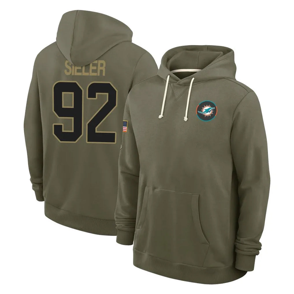 Kdoa M.Dolphins #92 Zach Sieler Player Olive Salute to Service Pullover Hoodies Limited Stitched Jerseys