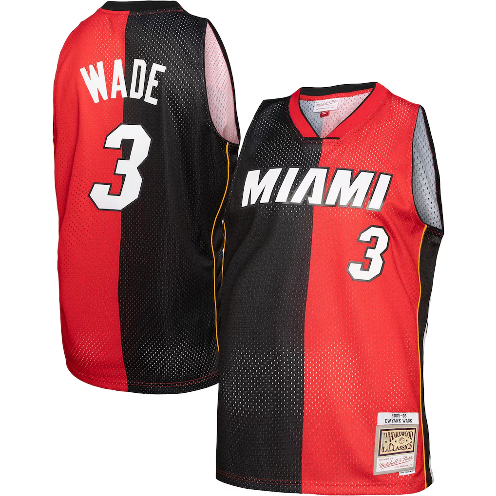 Kdoa M.Heat #3 Dwayne Wade Mitchell & Ness Black Red Big & Tall Hardwood Classics 2005-06 Split Swingman Jerseys