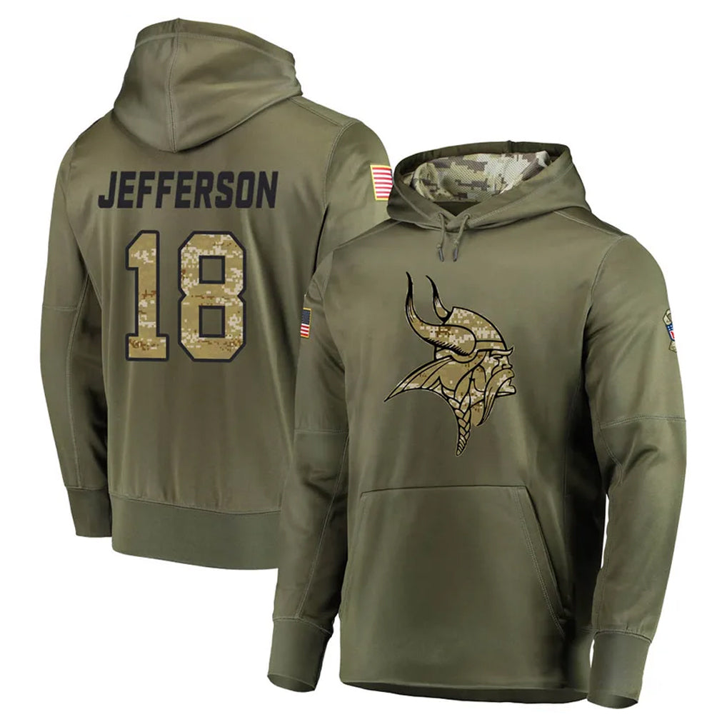 Kdoa MN.Vikings #18 Justin Jefferson Player Olive Salute to Service Pullover Hoodies Home Game Stitched Jerseys