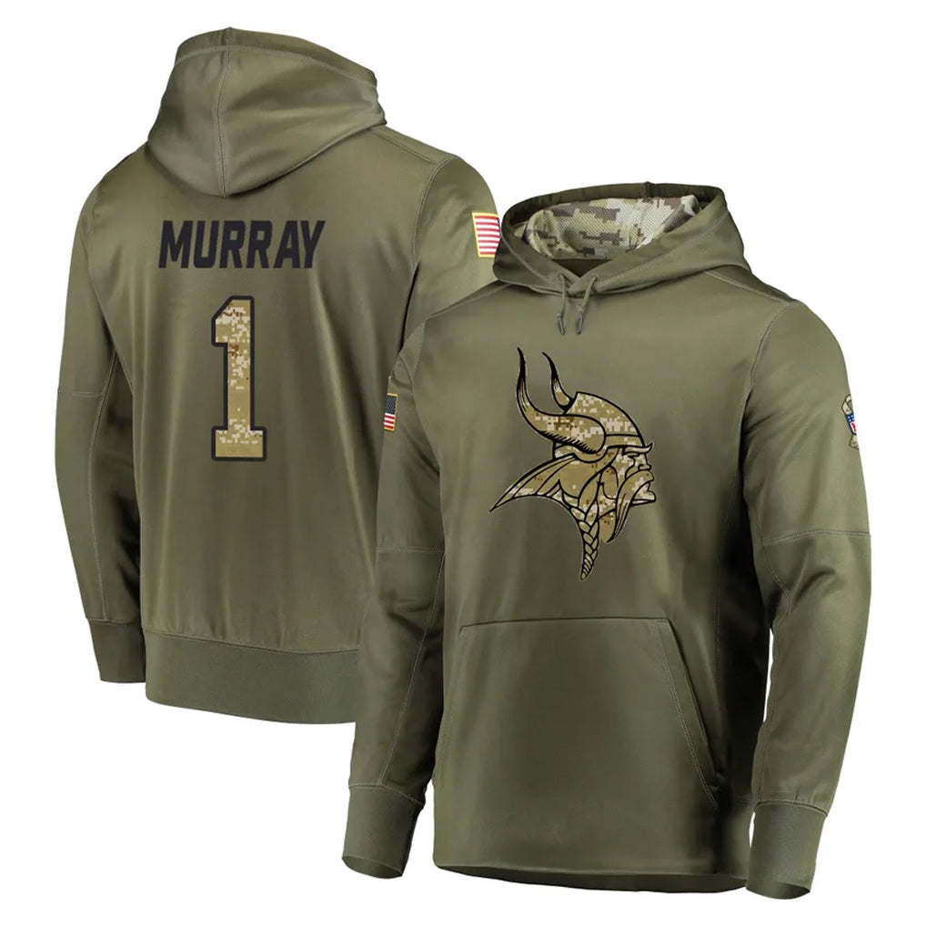 Kdoa MN.Vikings #1 Kyler Murray Player Olive Salute to Service Pullover Hoodies Home Game Stitched Jerseys