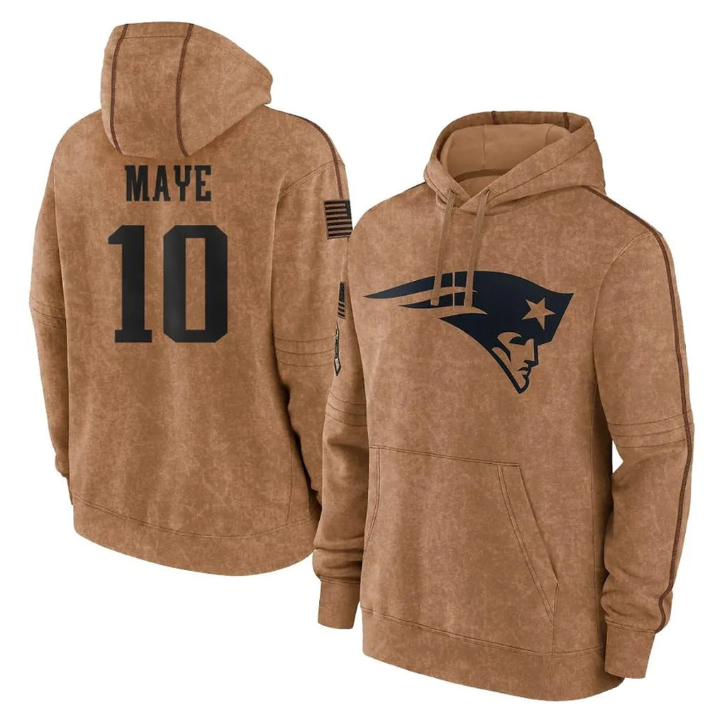 Kdoa NE.Patriots #10 Drake Maye Player Brown Salute to Service Pullover Hoodies Limited Game Stitched Jerseys