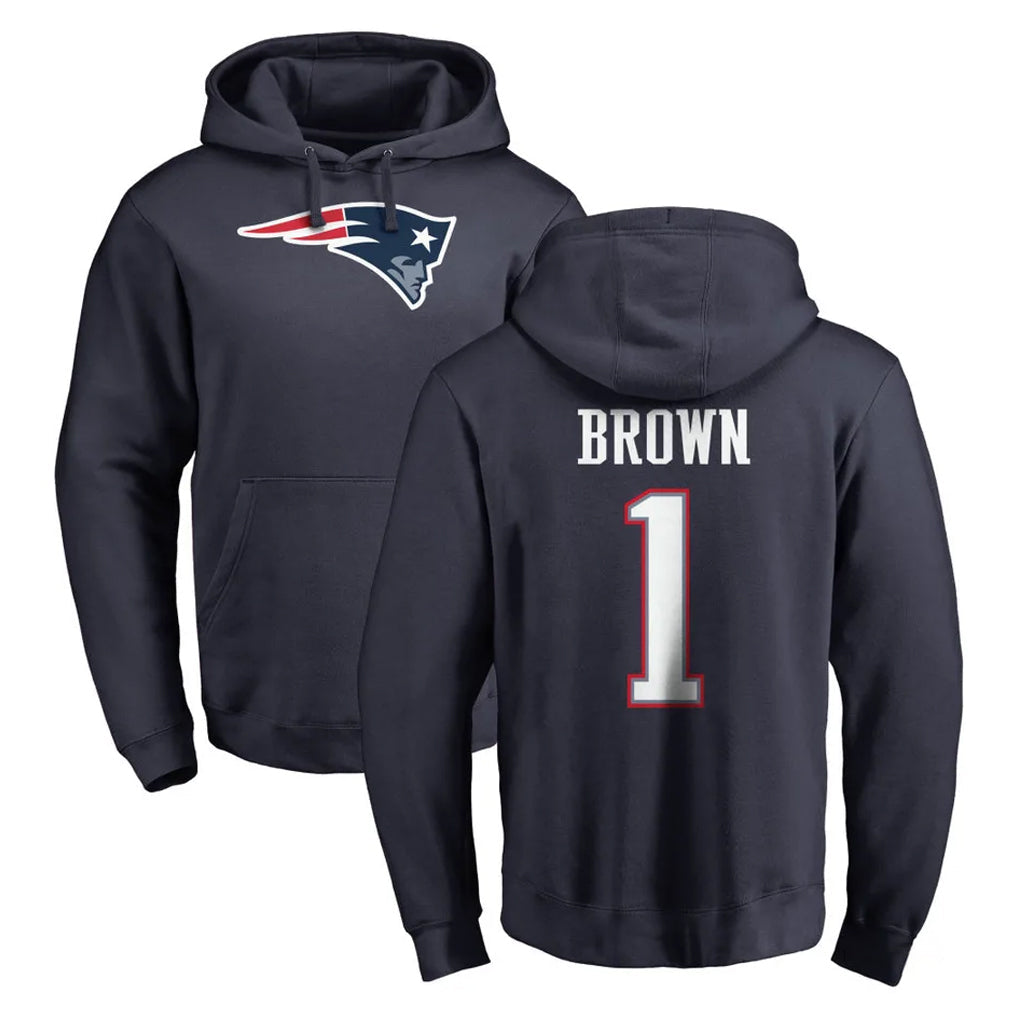 Kdoa NE.Patriots #1 A.J. Brown Player Navy LOGO Pullover Hoodies Home Game Stitched Jerseys