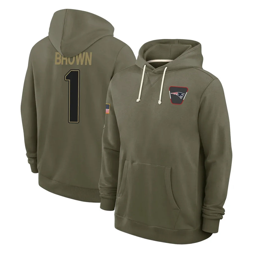 Kdoa NE.Patriots #1 A.J. Brown Player Olive Salute to Service Pullover Hoodies Limited Stitched Jerseys