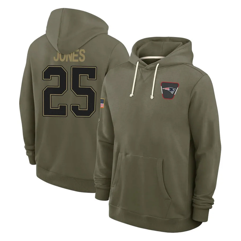 Kdoa NE.Patriots #25 Marcus Jones Player Olive Salute to Service Pullover Hoodies Limited Stitched Jerseys