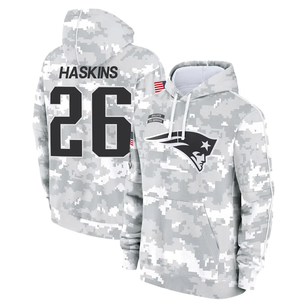 Kdoa NE.Patriots #26 Hassan Haskins Player Arctic Camo Salute to Service Pullover Hoodies Limited Game Stitched Jerseys